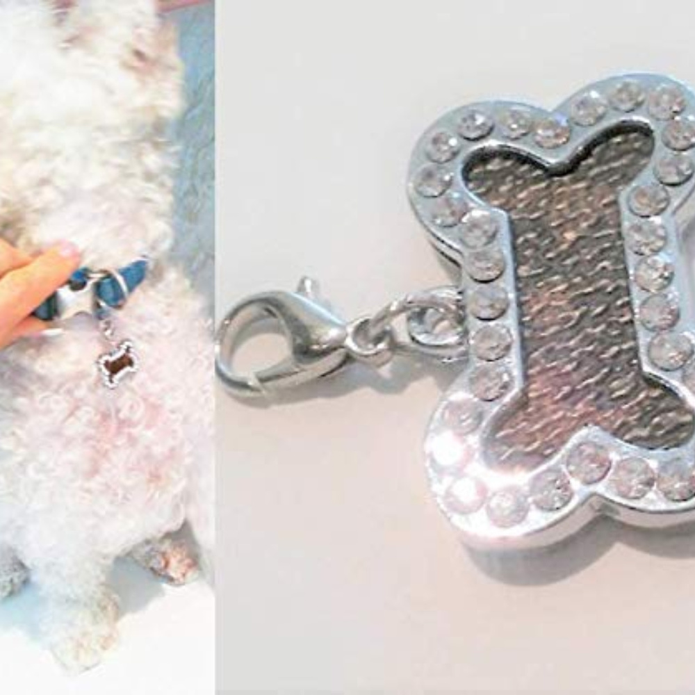 Dog Bone Crystal Charm w REPURPOSED Louie Vuitton Mongram for Dog Cat Pet People - Picture 6 of 6